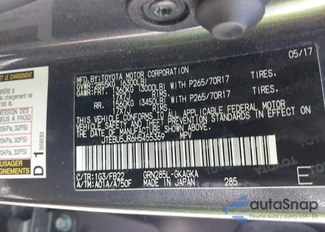 2017 Toyota 4Runner Sr5 z USA, uszkodzony, nr VIN JTEBU5JR6H5455369